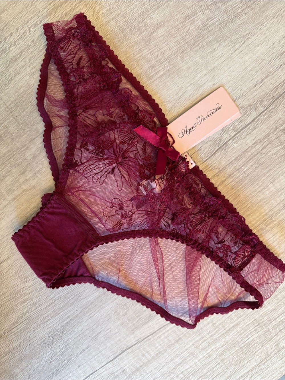 NWT Agent Provocateur Jayce Burgundy Sheer Floral Lace Bikini Briefs